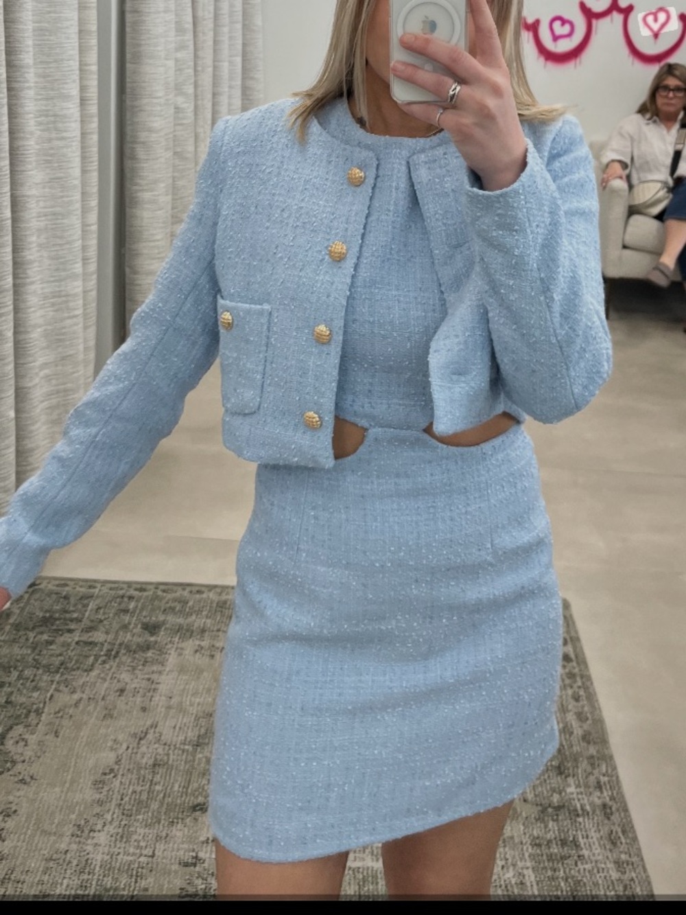 Light Blue Tweed Two-Piece Skirt Set